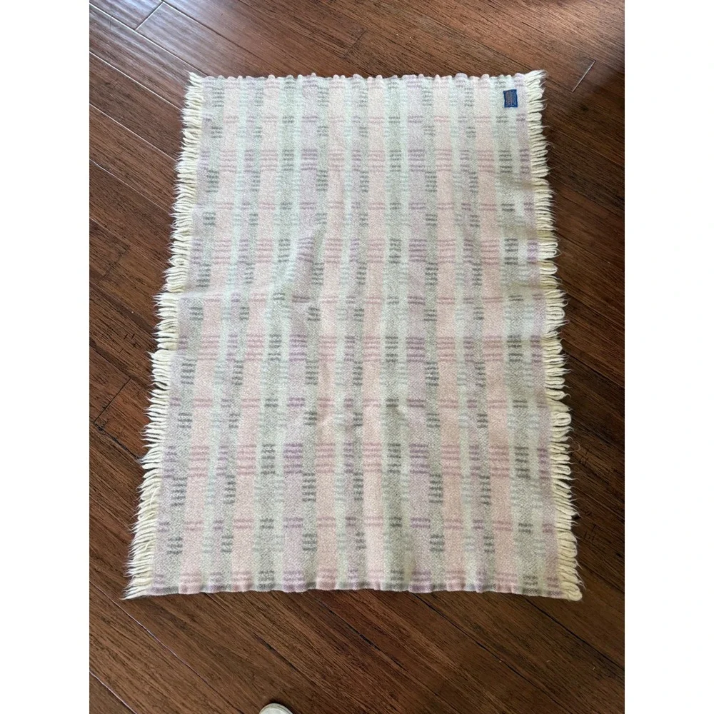 Pendleton Virgin Wool Throw Blanket Pink Purple Plaid Fringe Made in USA Vintage